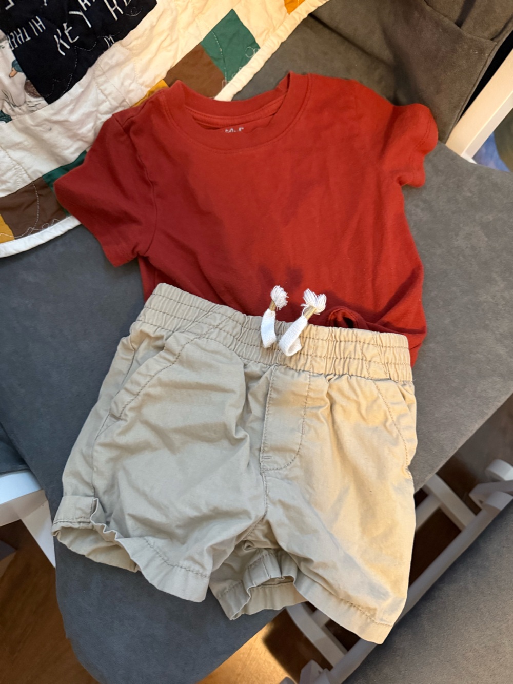 Kids Elastic Waist Khaki Shorts with Red Tee